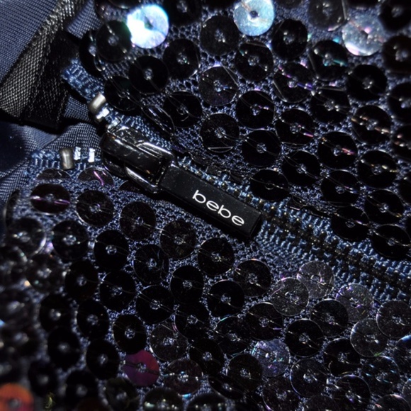 BEBE Navy Blue Sequin Wrap Bustier Crop Top sz L - Picture 7 of 8